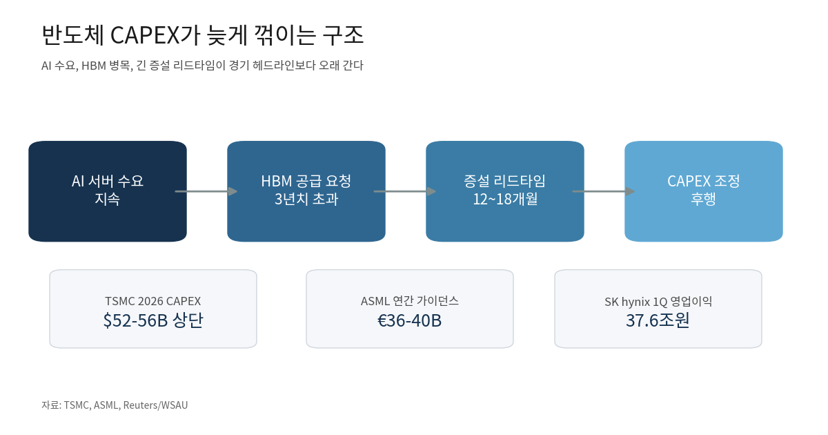 AI 수요와 HBM 병목, 장비 리드타임 때문에 반도체 CAPEX가 늦게 꺾이는 구조를 보여 주는 도식